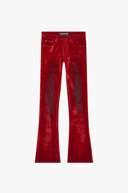 RED SUEDE STACKED FLARE JEAN