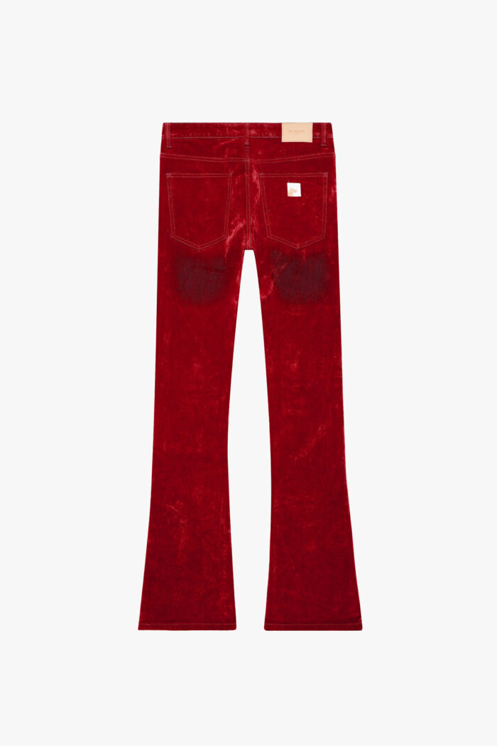 RED SUEDE STACKED FLARE JEAN